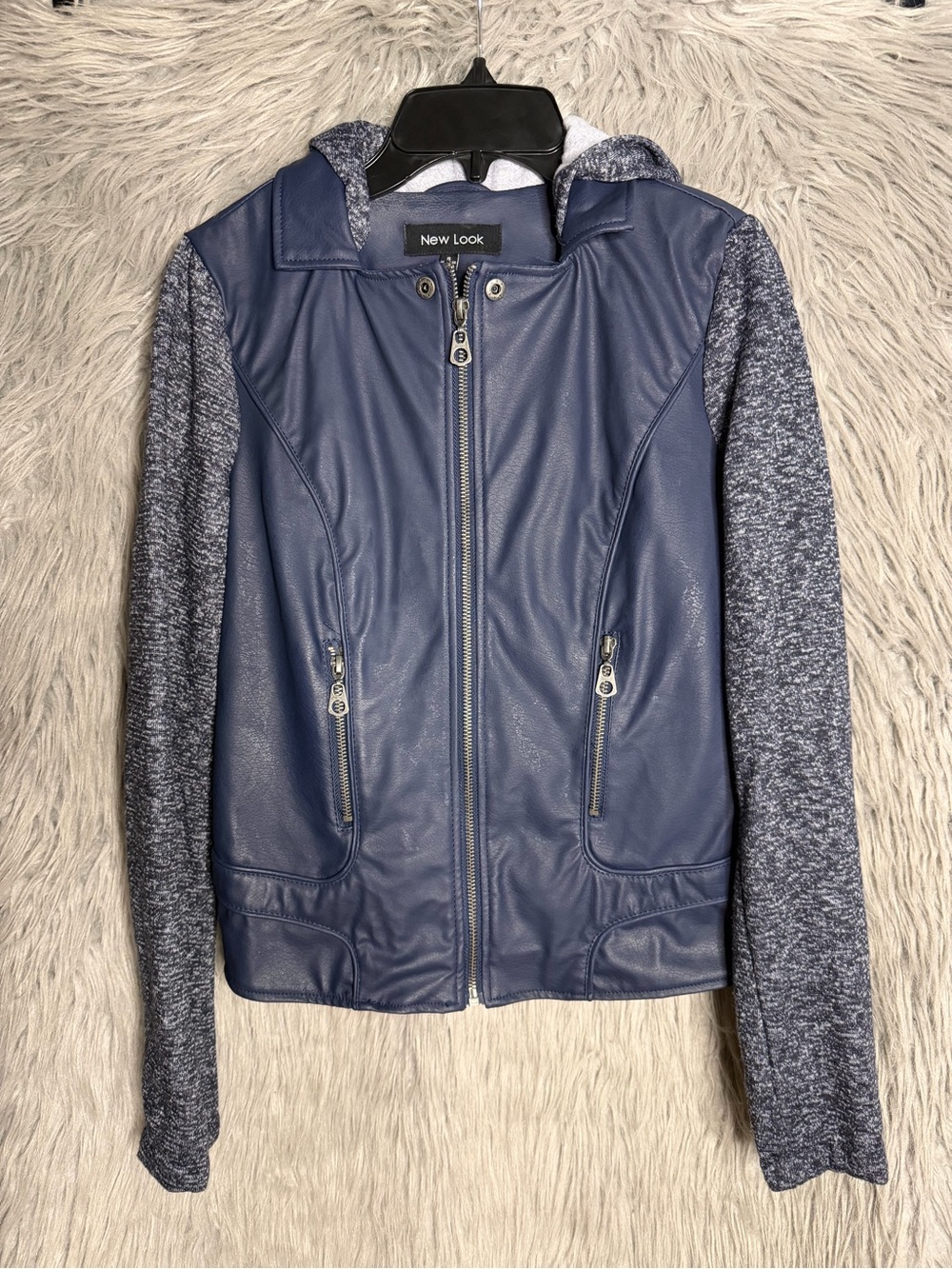 New Look Navy Blue Faux Leather Front Jacket with Heathered Knit Sleeves